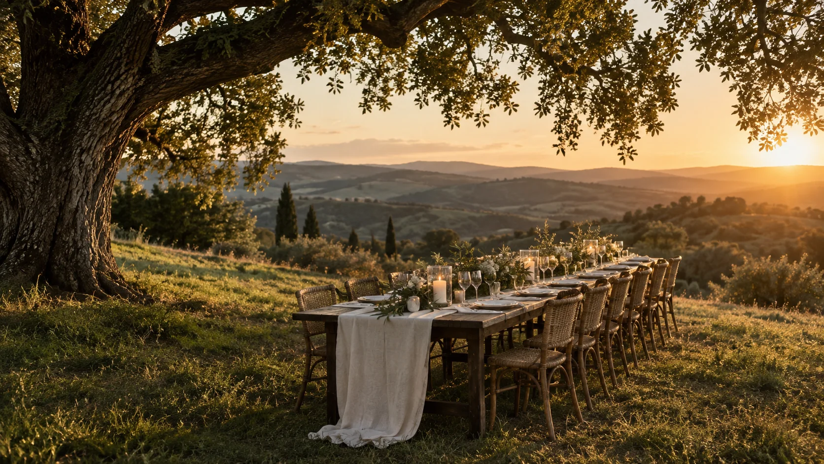 imagem ilustrativa: mesa de celebração conceitual ao ar livre sob uma árvore, em paisagem de campo ao pôr do sol